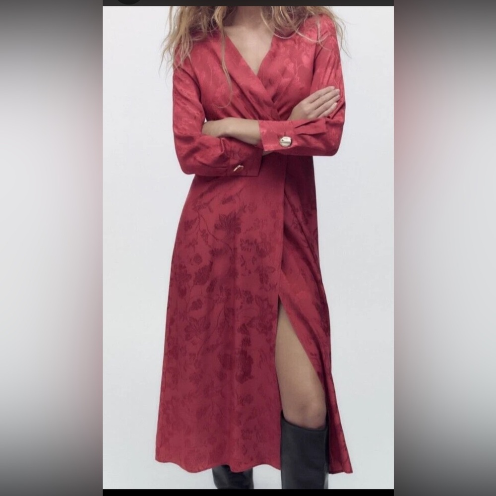 Zara Red Long Sleeve Floral Dress NWT
